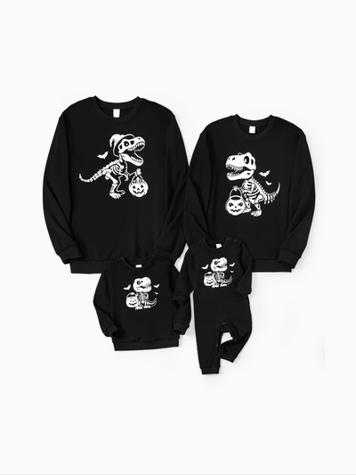 Halloween Themed Glowing Print Cotton Unisex Long Sleeve Casual Solid Color Matching Outfits Black