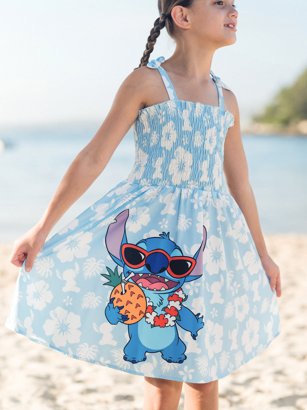 Robe Disney Stitch à imprimé floral tropical pour fille tout-petit/enfant, bleu clair