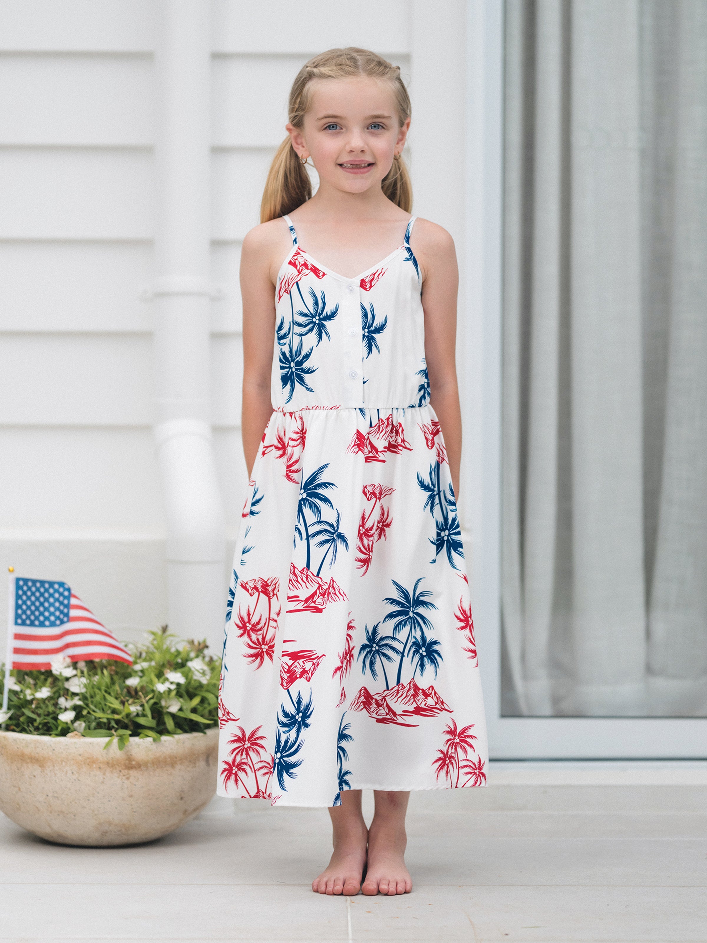 Beste Mädchen 4th of July Outfits Rot & Blau Palmendruck Hawaii-Urlaub Kleid