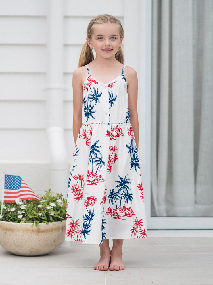 Independence Day Matching Family Outfits Red & Blue Palm Tree Print Hawaiian Vacation Clothes Summer Beach Shirt & Dress Set Multi-color