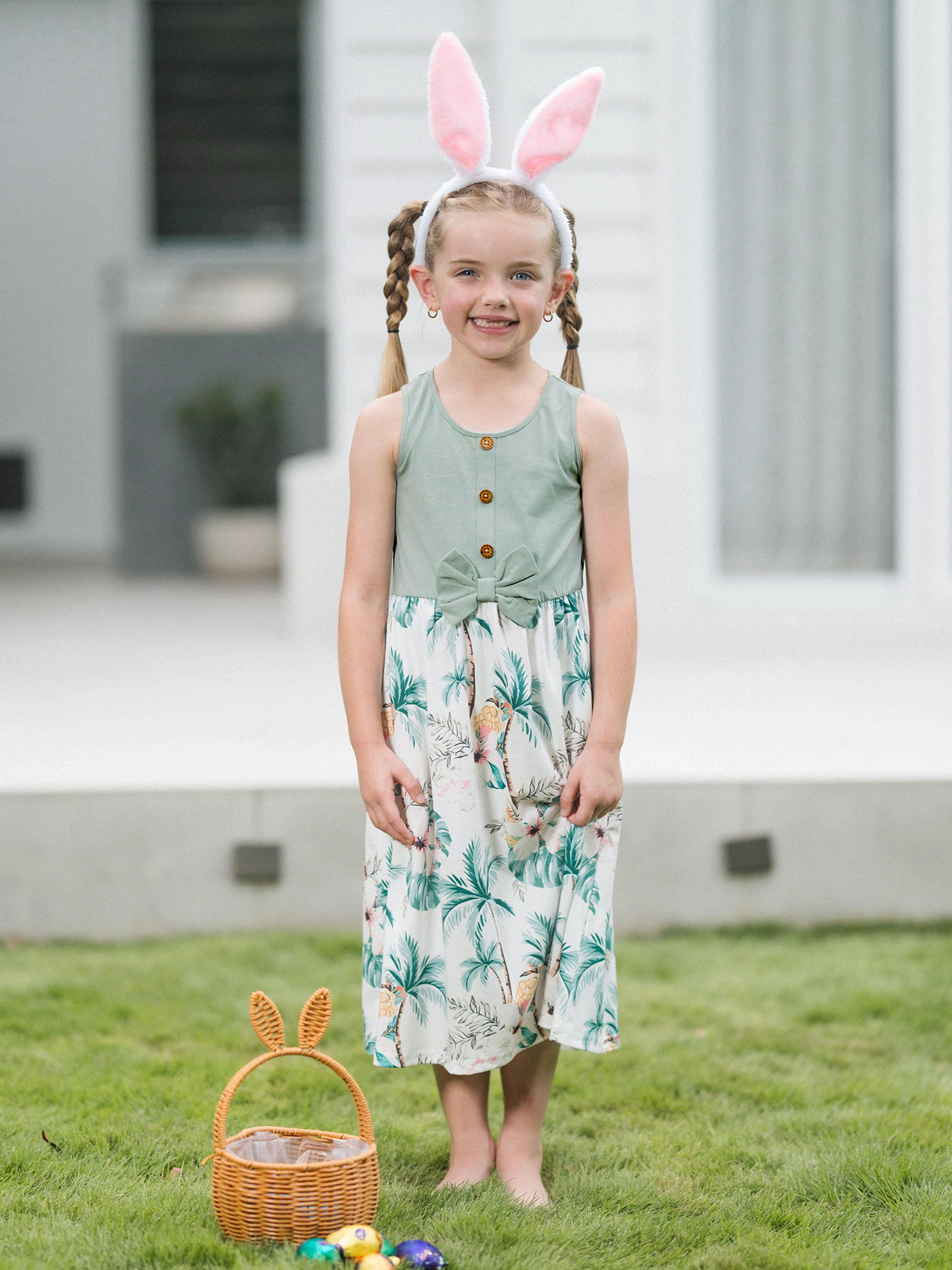 Toddler/Kid Girl Tropical Print Tank Bowknot Dress Green - PatPat Toddler/Kid Girl Tropical Print Tank Bowknot Dress Green - PatPat