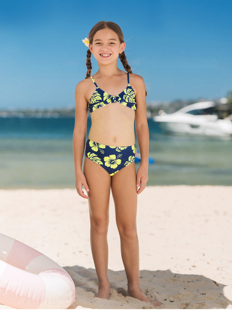 Family Matching Tropical Floral Swimsuits Halter Bikini & Swim Trunks Set Deep Blue