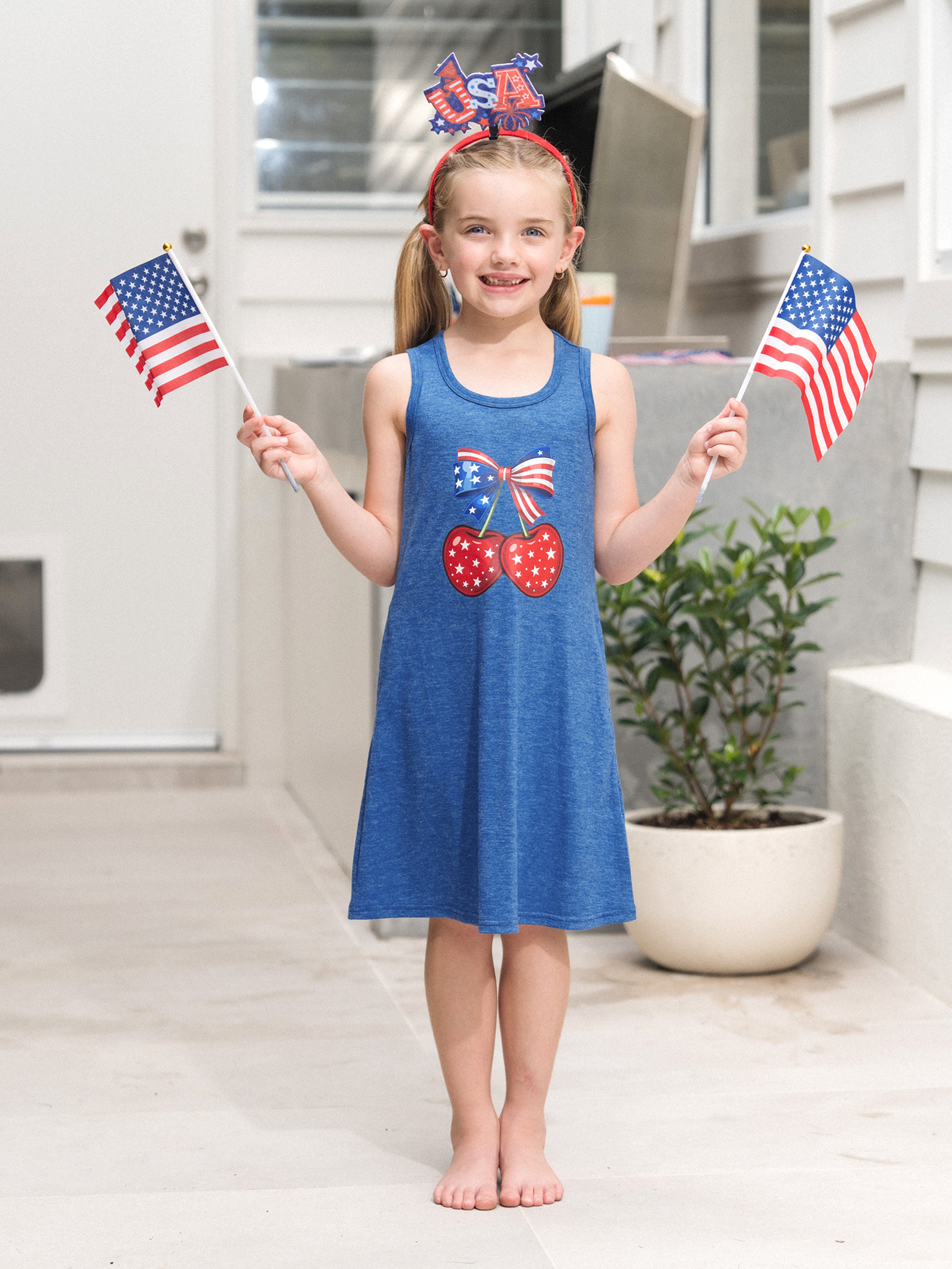 Beste Mädchen 4th of July Outfits Patriotischer Kirschendruck Lässiges ärmelloses Kleid Blau