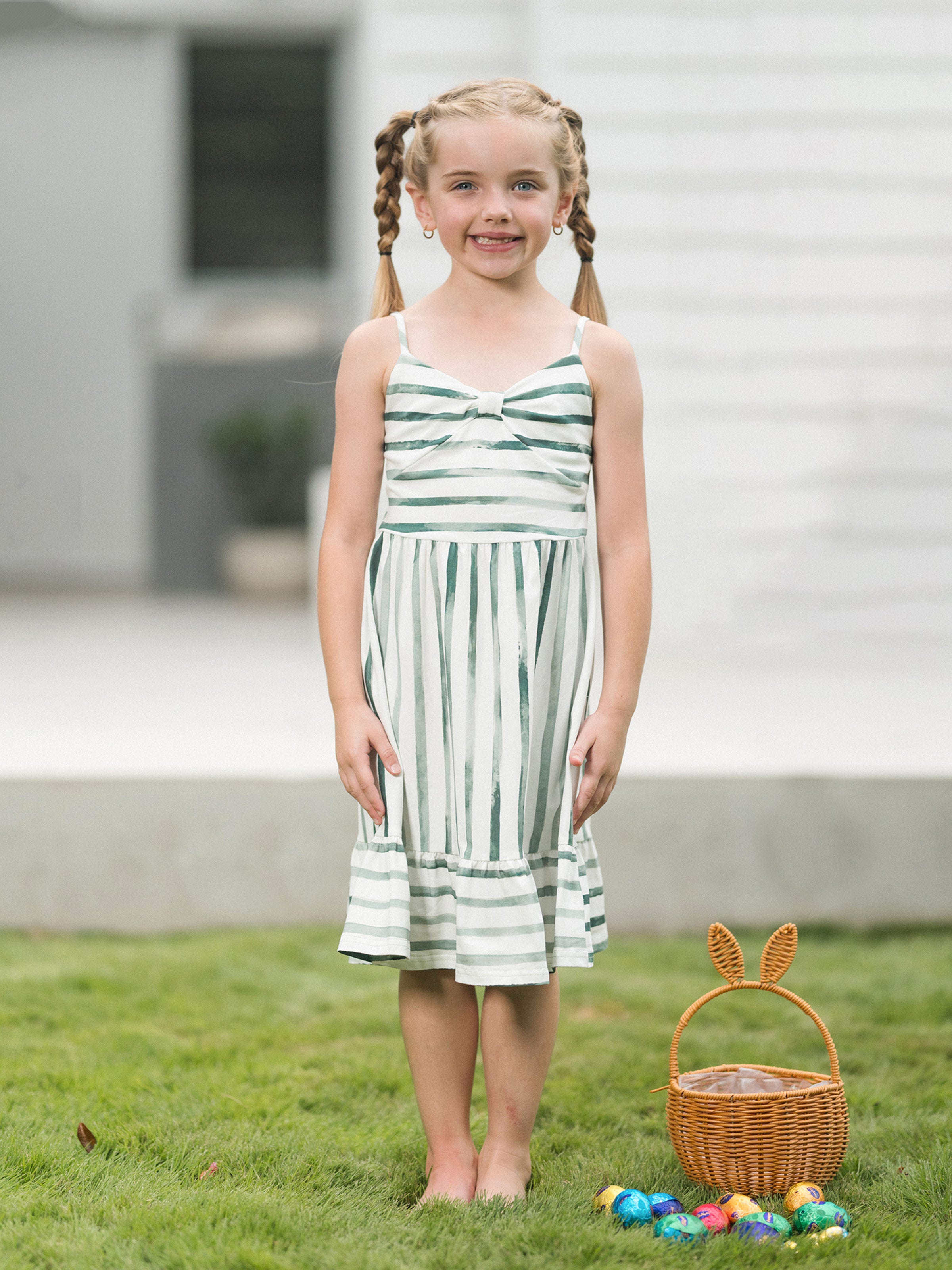 Toddler/Kid Girl Cotton Green Striped Dress, Perfect for Summer Family Outings & Photos Green Toddler/Kid Girl Cotton Green Striped Dress, Perfect for Summer Family Outings & Photos Green