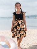 Toddler/Kid Girl Set Floral Sleeveless Strappy Dress Black