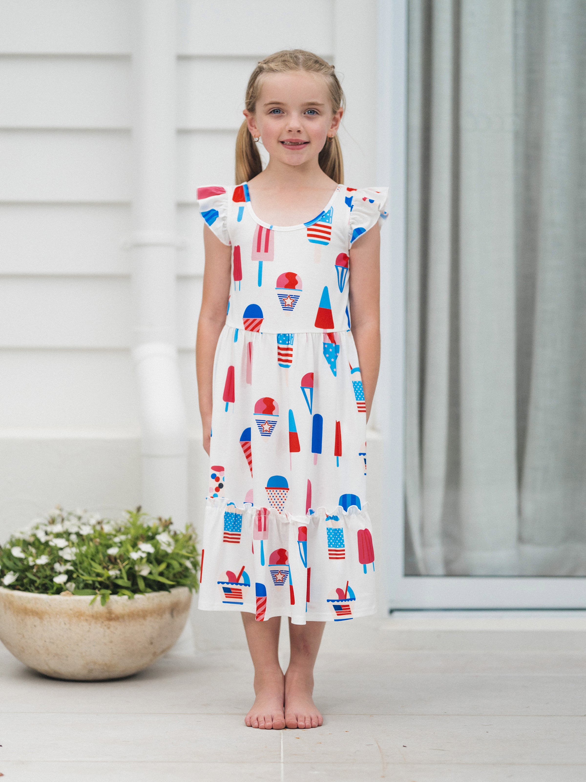 Beste Mädchen 4th of July Outfits Patriotischer Eiscreme-Druck Sommer-Baumwollkleid