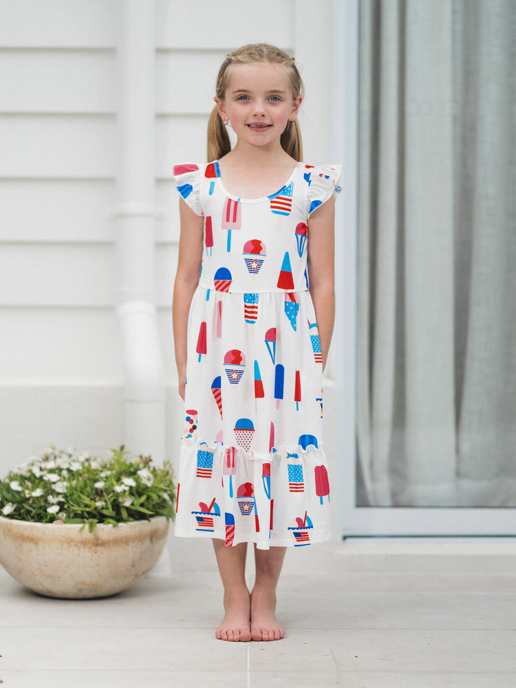 Independence Day Family Matching Patriotic Ice Cream Print Summer Cotton T-shirt & V-Neck Dresses White