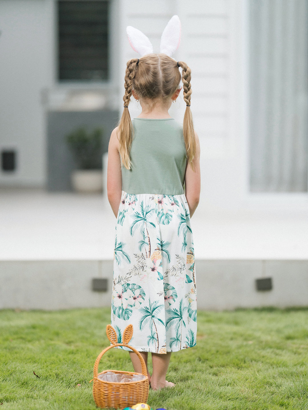 Robe débardeur à imprimé tropical avec nœud pour fille tout-petit/enfant, verte