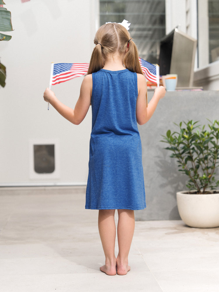 Independence Day Mommy and Me Patriotic Cherry Print Casual Sleeveless Dress Blue