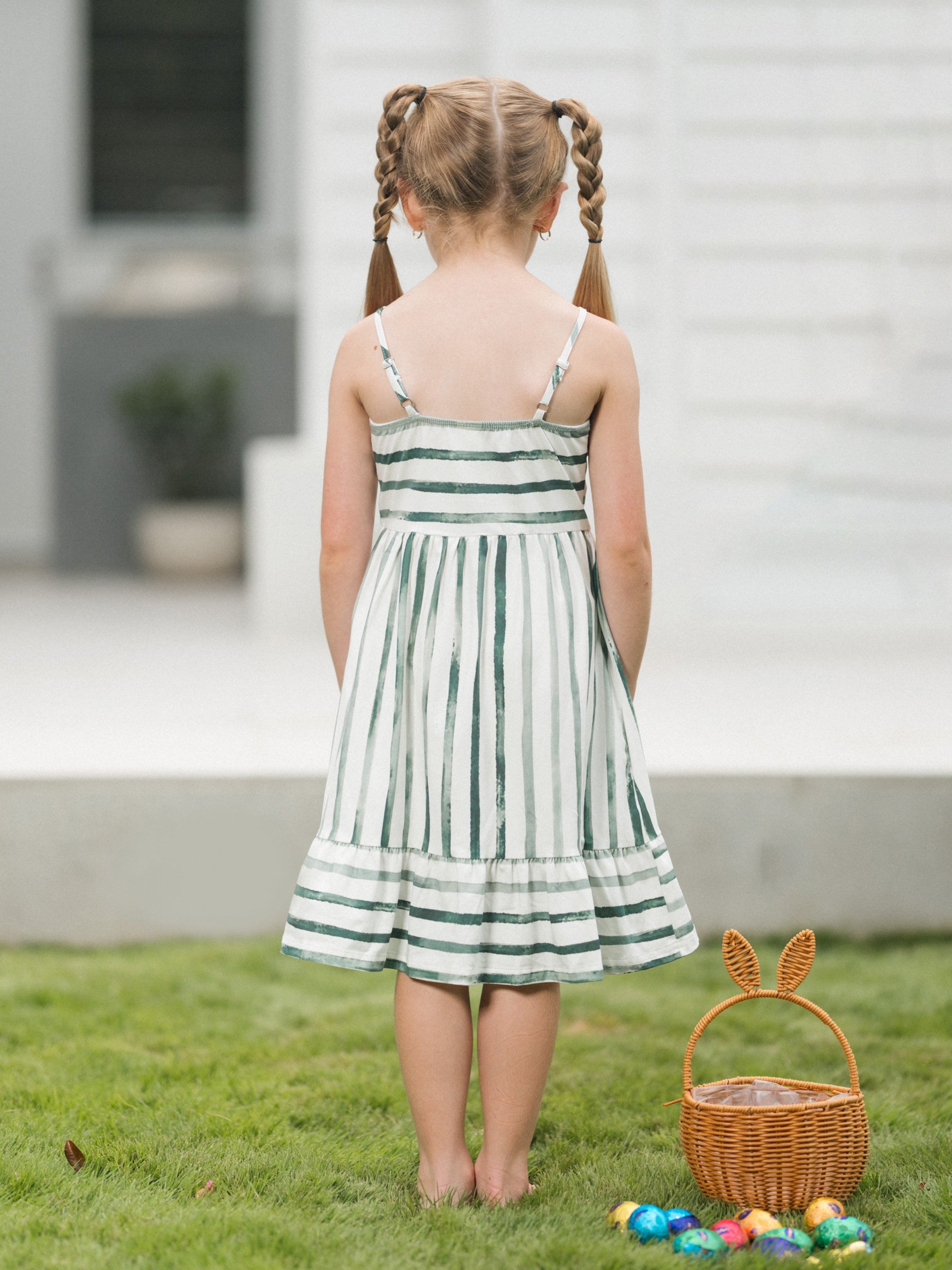 Toddler/Kid Girl Cotton Green Striped Dress, Perfect for Summer Family - PatPat Toddler/Kid Girl Cotton Green Striped Dress, Perfect for Summer Family - PatPat