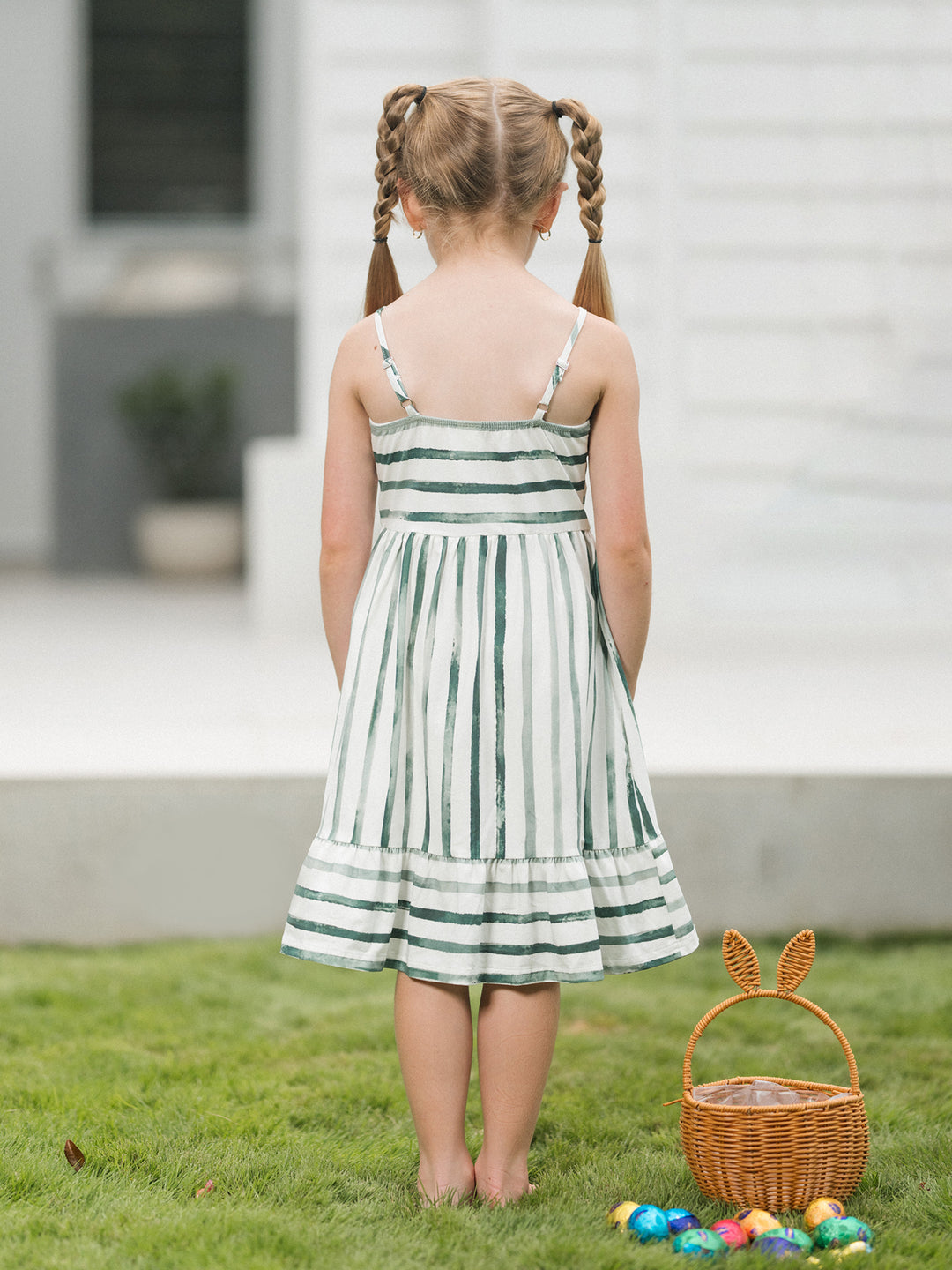 Toddler/Kid Girl Cotton Green Striped Dress, Perfect for Summer Family Outings & Photos Green
