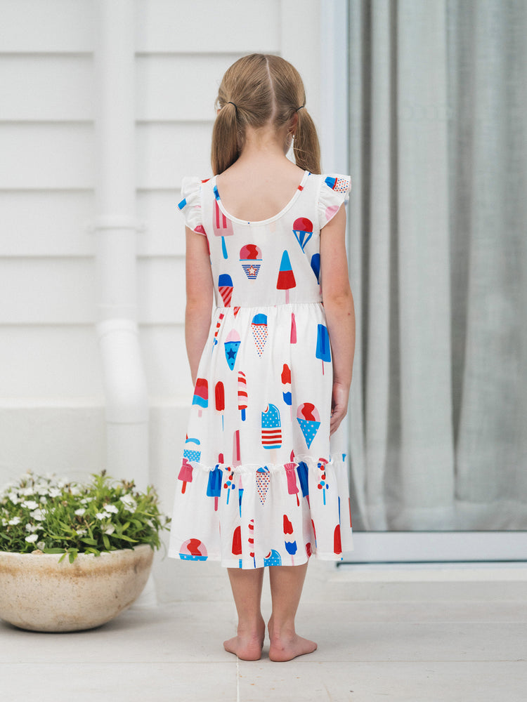 Independence Day Family Matching Patriotic Ice Cream Print Summer Cotton T-shirt & V-Neck Dresses White