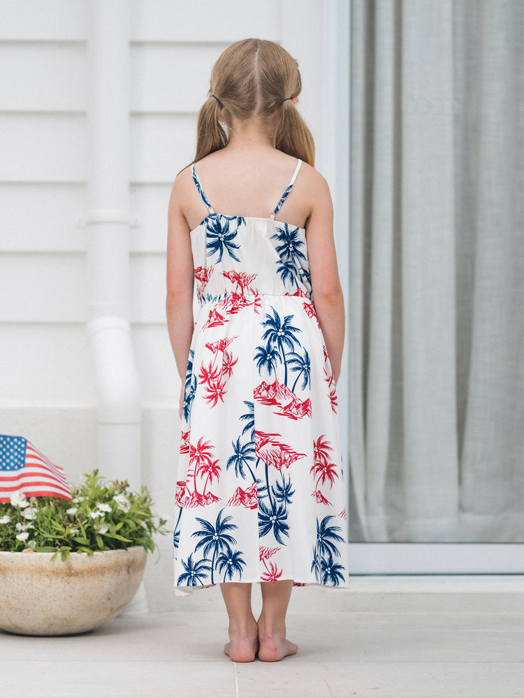 Independence Day Matching Family Outfits Red & Blue Palm Tree Print Hawaiian Vacation Clothes Summer Beach Shirt & Dress Set Multi-color