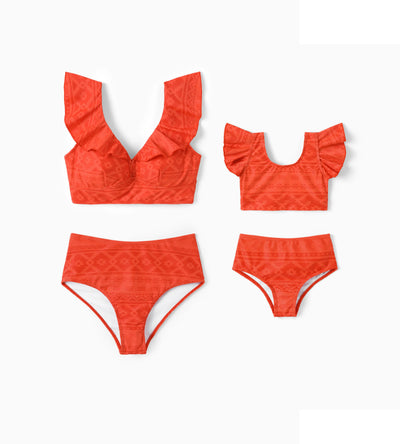 Mommy & Me Tropical Floral Print Ruffle Trim Bikini with Optional Beach Cover-Up Dress Orange