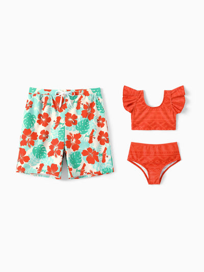 Daddy & Daughter Tropical Floral Print Swim Trunk or Ruffle Trim Bikini with Optional Beach Cover-Up Dress Orange