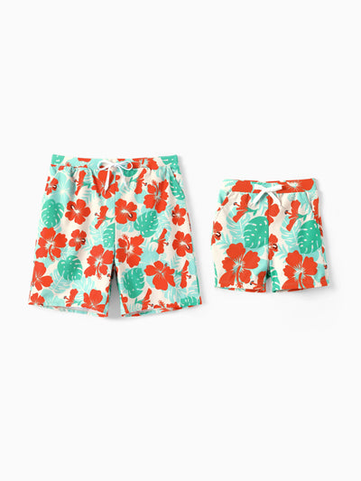 Daddy & Son Tropical Floral Print Swim Trunk or Ruffle Trim Bikini with Optional Beach Cover-Up Dress Orange