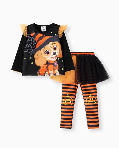 Ensemble 2 pièces Paw Patrol pour petite fille, t-shirt à manches longues et jupe en maille rayée à motif Skye d'Halloween, couleur unie