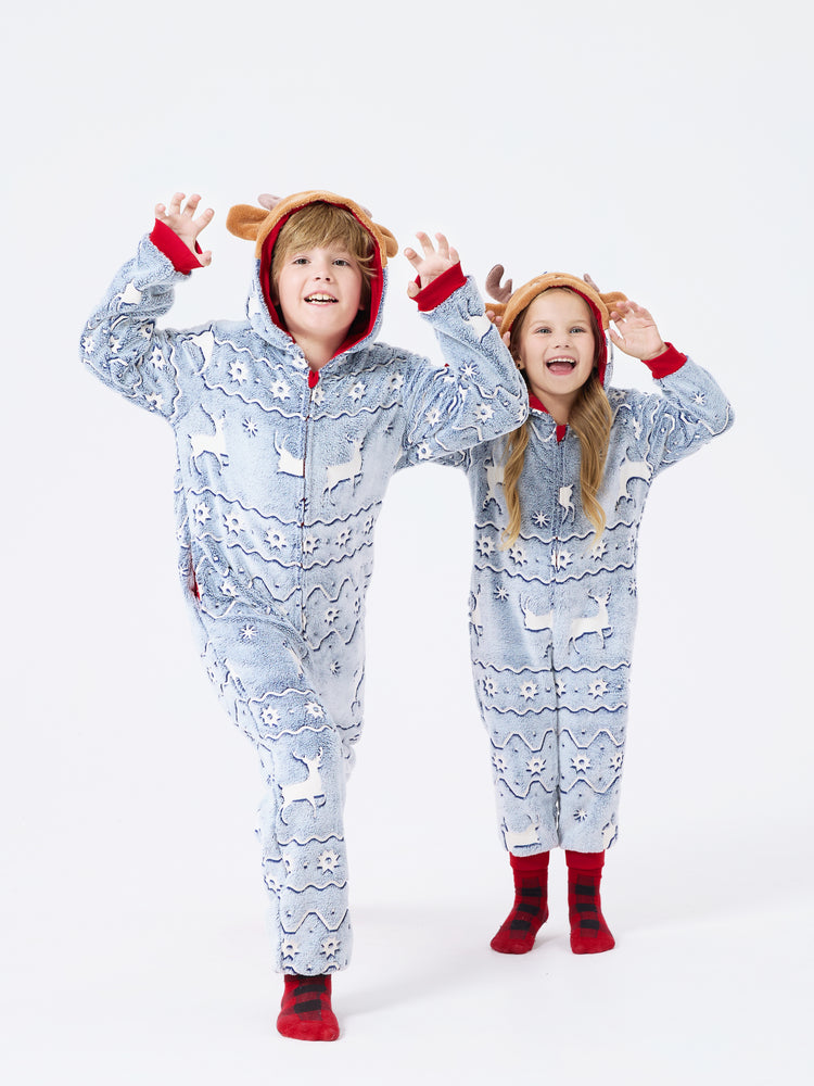 Pyjama de Noël assorti pour toute la famille, imprimé renne, phosphorescent, avec chaussettes de Noël, blanc/gris