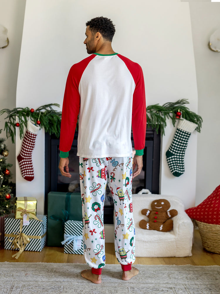 SpongeBob Schwammkopf Familie passendes Weihnachtsdruck Colorblock Pyjama Set (schwer entflammbar) rot-Weiss