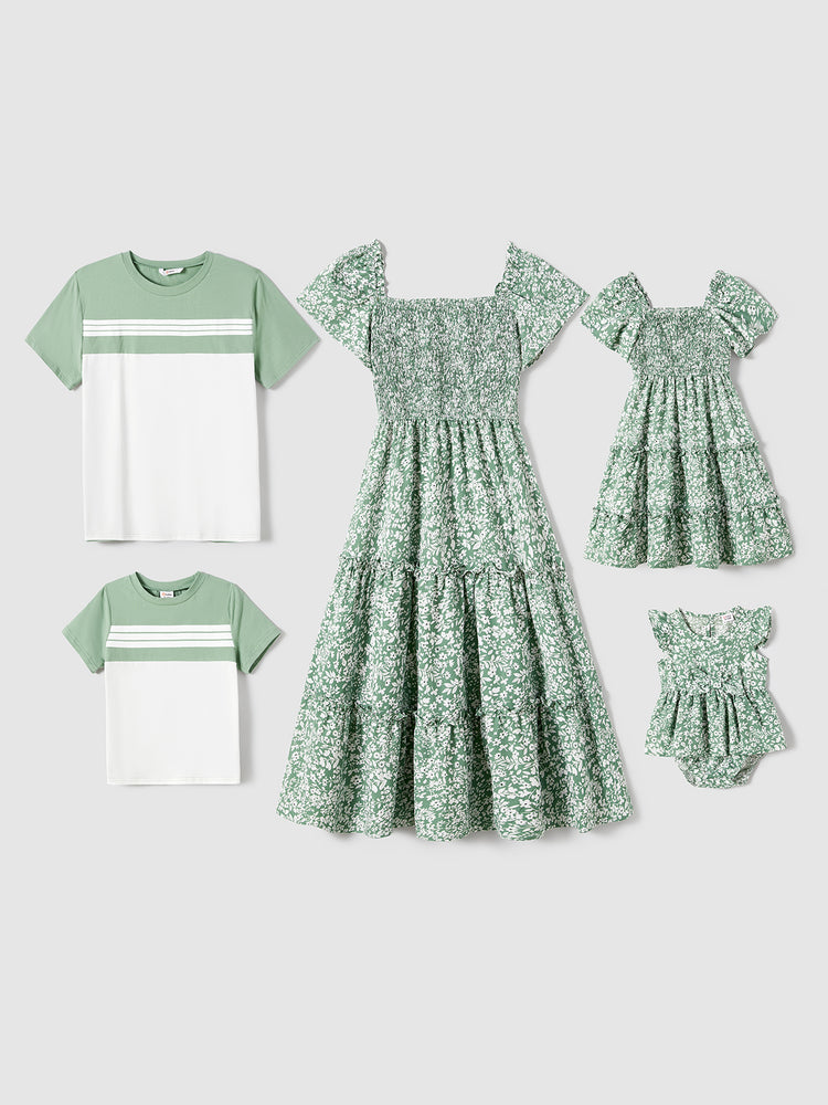 Elegant Broken Flower Matching Outfits for Family, Smocking Design, Medium Thickness Green