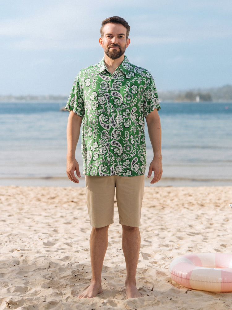 Family Matching Outfits Set Floral Print Short-sleeve Collar Shirt or Strappy Smocked  Dress for Summer Vacation  Green