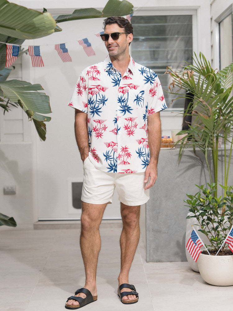 Independence Day Matching Family Outfits Red & Blue Palm Tree Print Hawaiian Vacation Clothes Summer Beach Shirt & Dress Set Multi-color