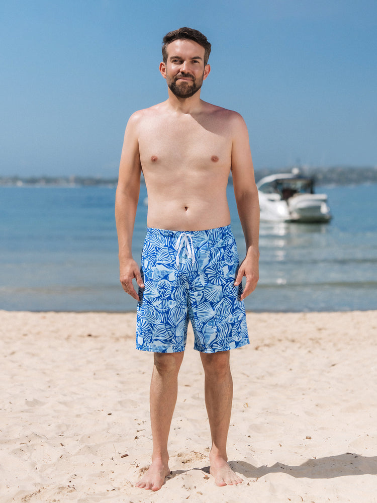 Matching Family Shell Print Swimwear Floral two-piece Bikini & Swim Shorts Set for Mom, Dad, & Kids, Perfect for Beach Days & Pool Parties Blue