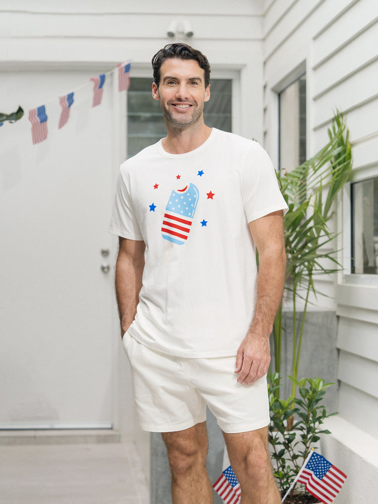 Independence Day Family Matching Patriotic Ice Cream Print Summer Cotton T-shirt & V-Neck Dresses White