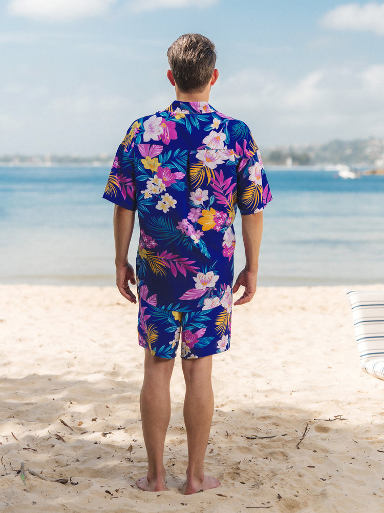 Matching Family Hawaiian Outfits Tropical Floral Print Strap Dress or Short-sleeve Shirts & Shorts Set Summer Beachwear Set for Vacation Deep Blue