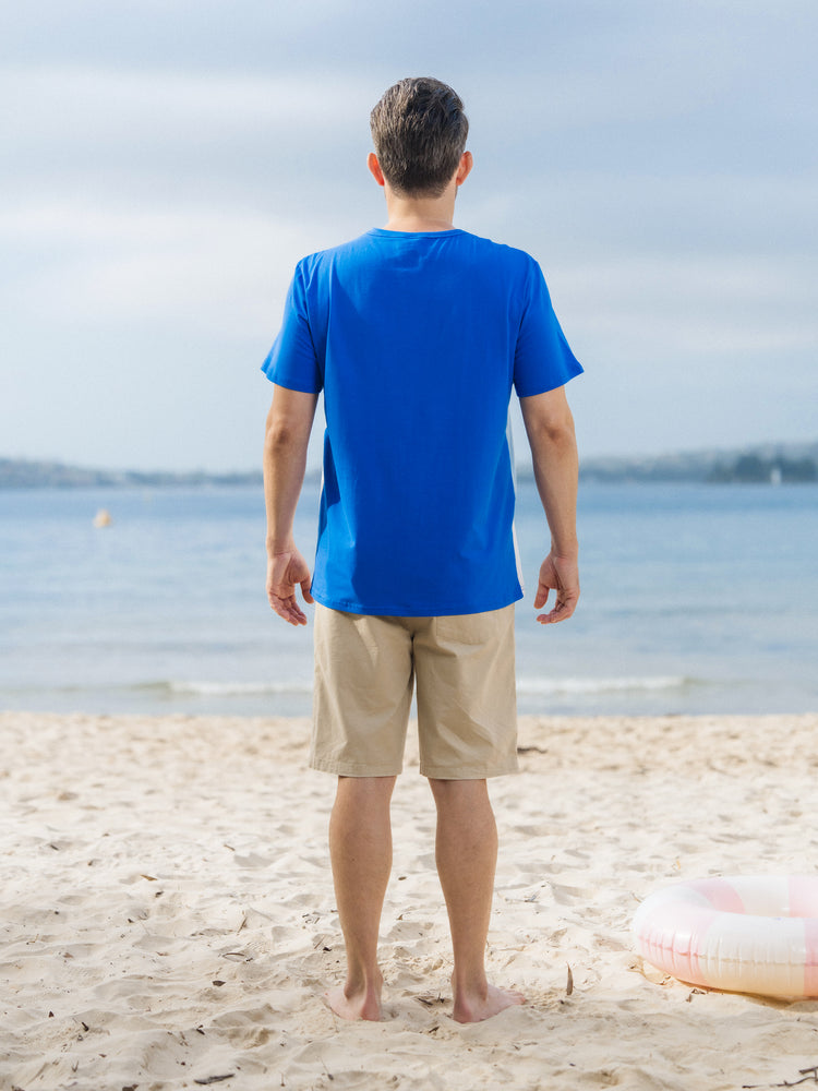 Family Matching Tropical Dress & T-shirt Set – Blue Floral Print for Dad, Mom, Girls & Baby, Perfect for Summer Vacations and Family Photos Blue