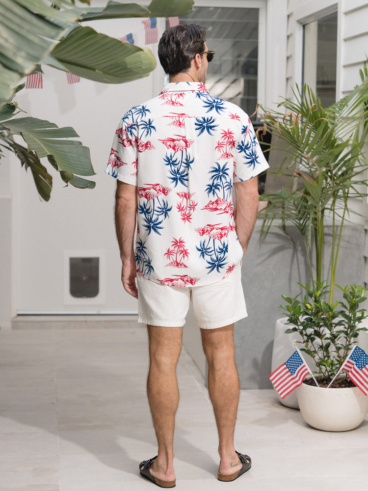 Independence Day Matching Family Outfits Red & Blue Palm Tree Print Hawaiian Vacation Clothes Summer Beach Shirt & Dress Set Multi-color