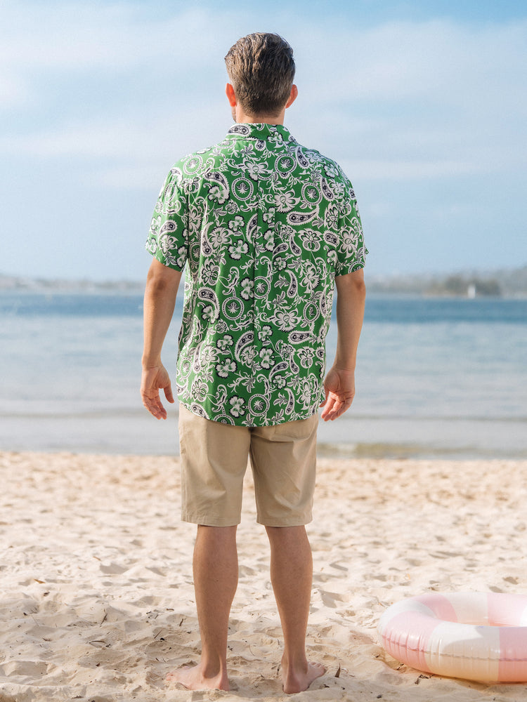 Family Matching Outfits Set Floral Print Short-sleeve Collar Shirt or Strappy Smocked  Dress for Summer Vacation  Green