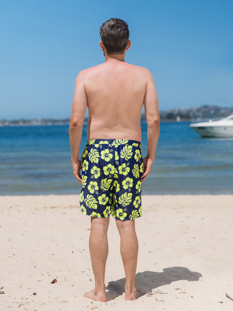 Family Matching Tropical Floral Swimsuits Halter Bikini & Swim Trunks Set Deep Blue