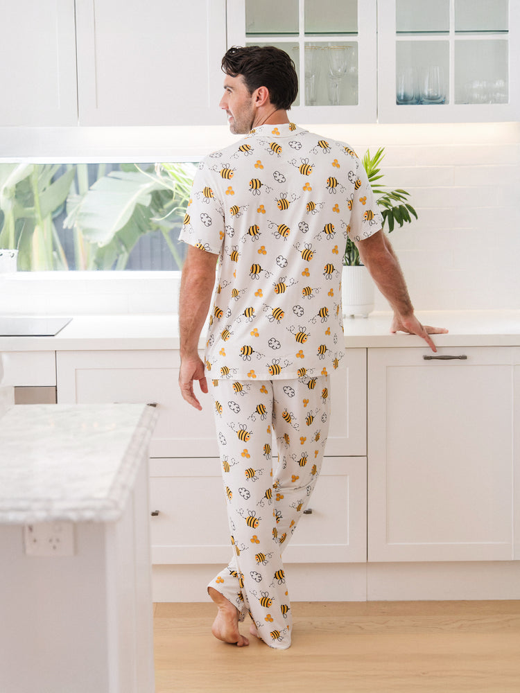 Family Matching Bamboo Pajamas Soft Bamboo Viscose PJs for Men Women Kids Toddler, Cute Bee Print Sleepwear with Short Sleeve Top and Long Pants White