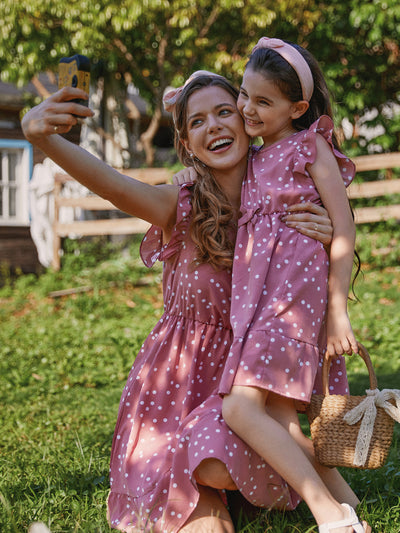 All Over Dots Pink Cross Wrap V Neck Ruffle Flutter-sleeve Dress for Mom and Me PinkyWhite