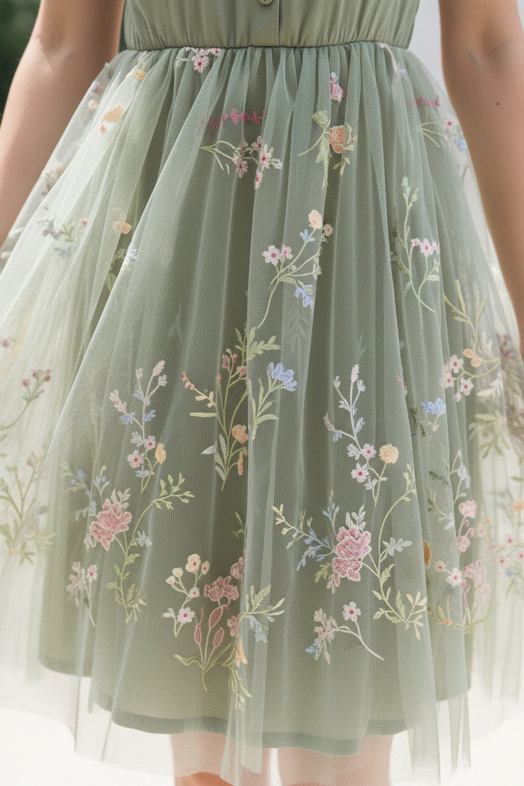 Family Matching Polo Collar Short-sleeve Shirt or V-neck Strappy Mesh Dress  Green