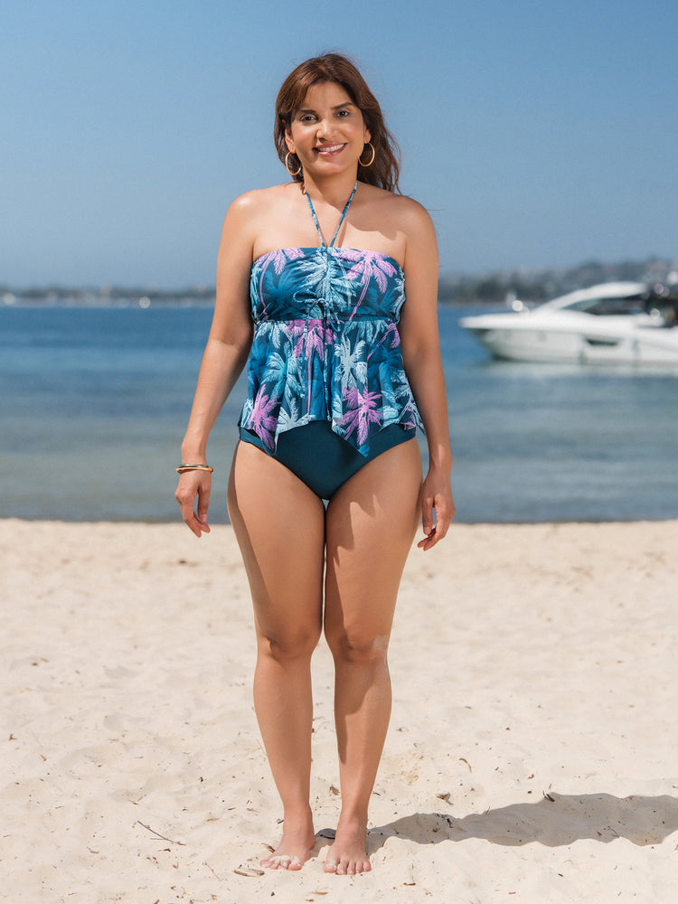 Family Matching Swimsuits Tropical Palm Tree Print, Mommy and Me Ruffle two-piece Swimsuit, Daddy and Son Swim Trunks Set, Beach Vacation Swimwear Turquoise