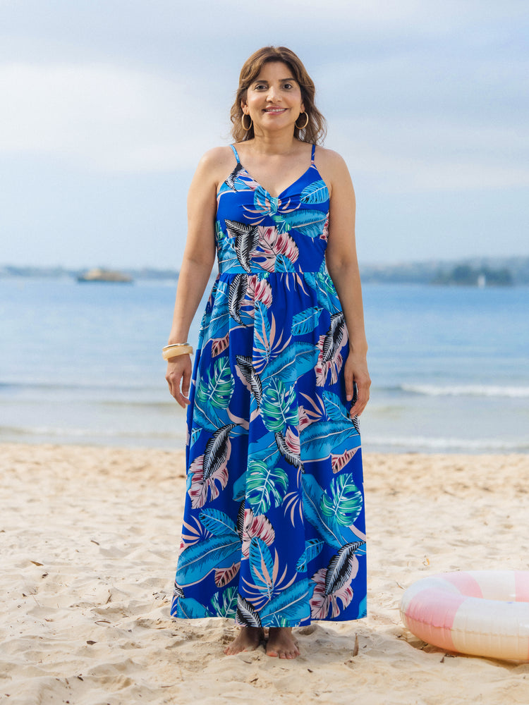 Family Matching Tropical Dress & T-shirt Set – Blue Floral Print for Dad, Mom, Girls & Baby, Perfect for Summer Vacations and Family Photos Blue