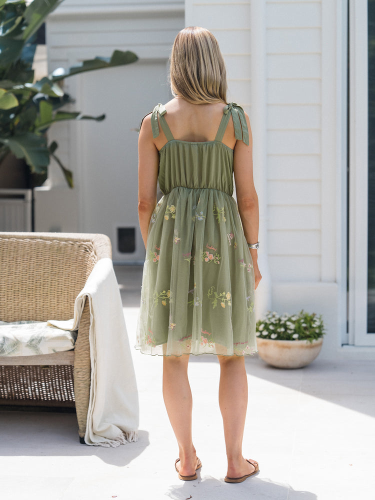 Family Matching Polo Collar Short-sleeve Shirt or V-neck Strappy Mesh Dress  Green