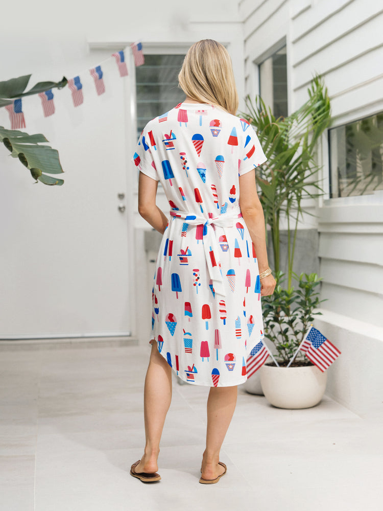 Independence Day Family Matching Patriotic Ice Cream Print Summer Cotton T-shirt & V-Neck Dresses White