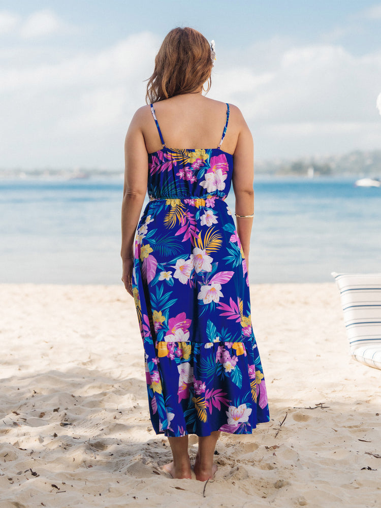 Matching Family Hawaiian Outfits Tropical Floral Print Strap Dress or Short-sleeve Shirts & Shorts Set Summer Beachwear Set for Vacation Deep Blue